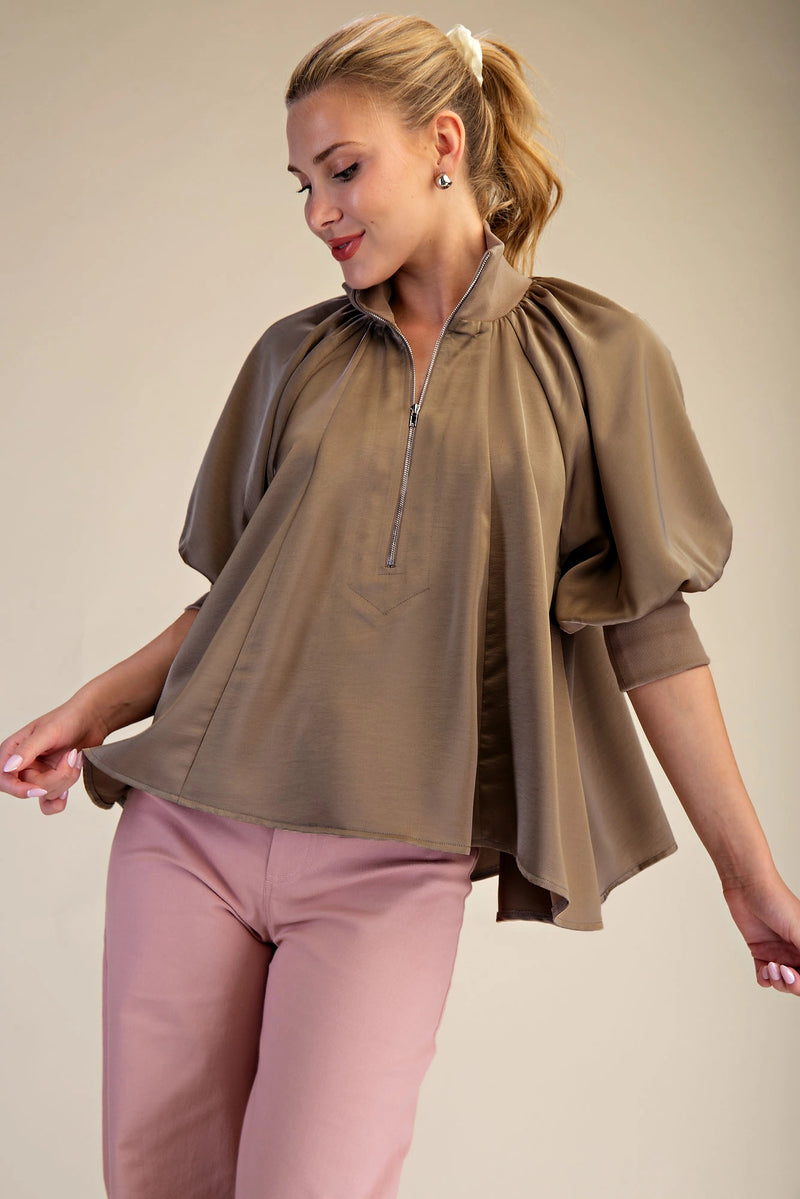 Mock neck band half zip puff elbow sleeve blouse