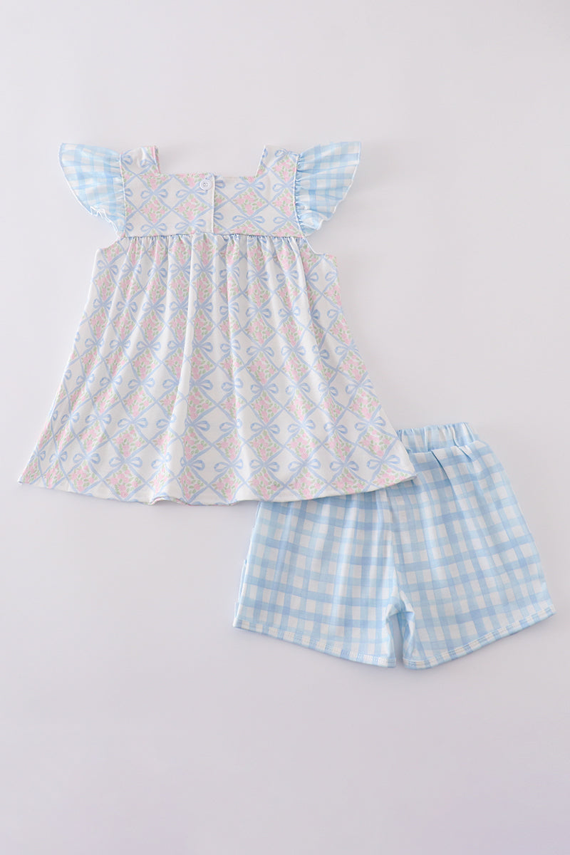Pink floral bow print short set