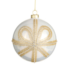5” gold bow white ball ornament