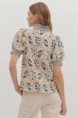 Cream and navy ruffle top