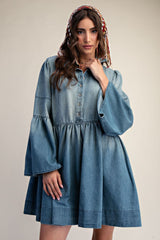 Denim shirt dress with bell sleeve