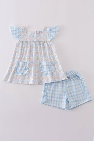 Pink floral bow print short set