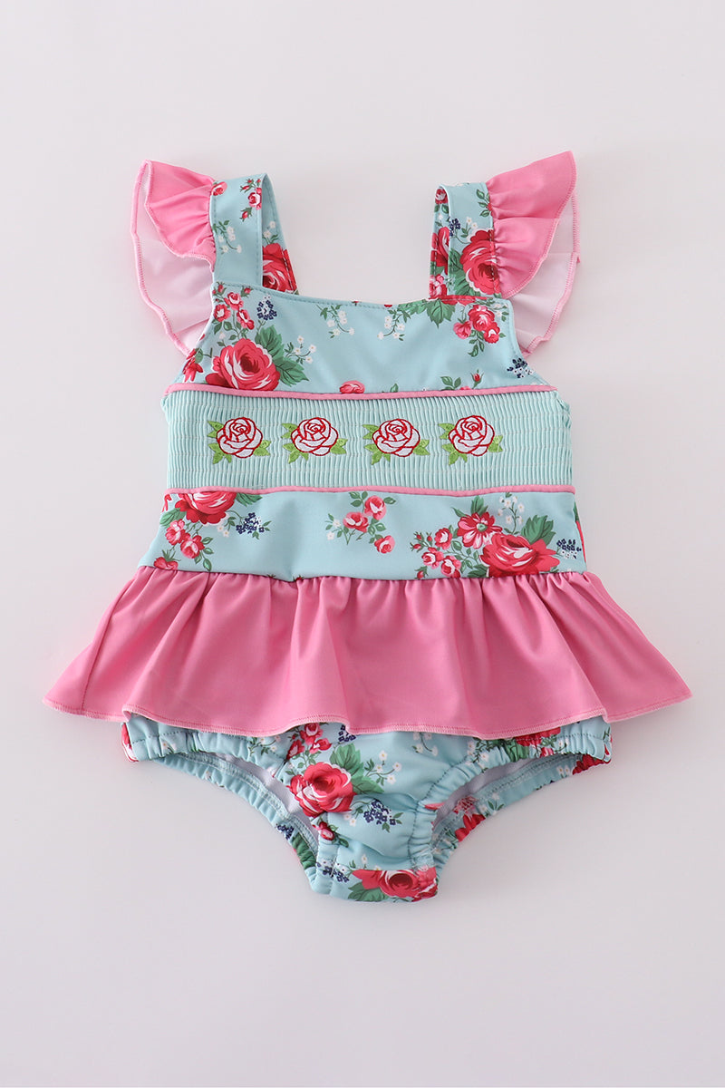 Ruffle rose smocked swimsuit