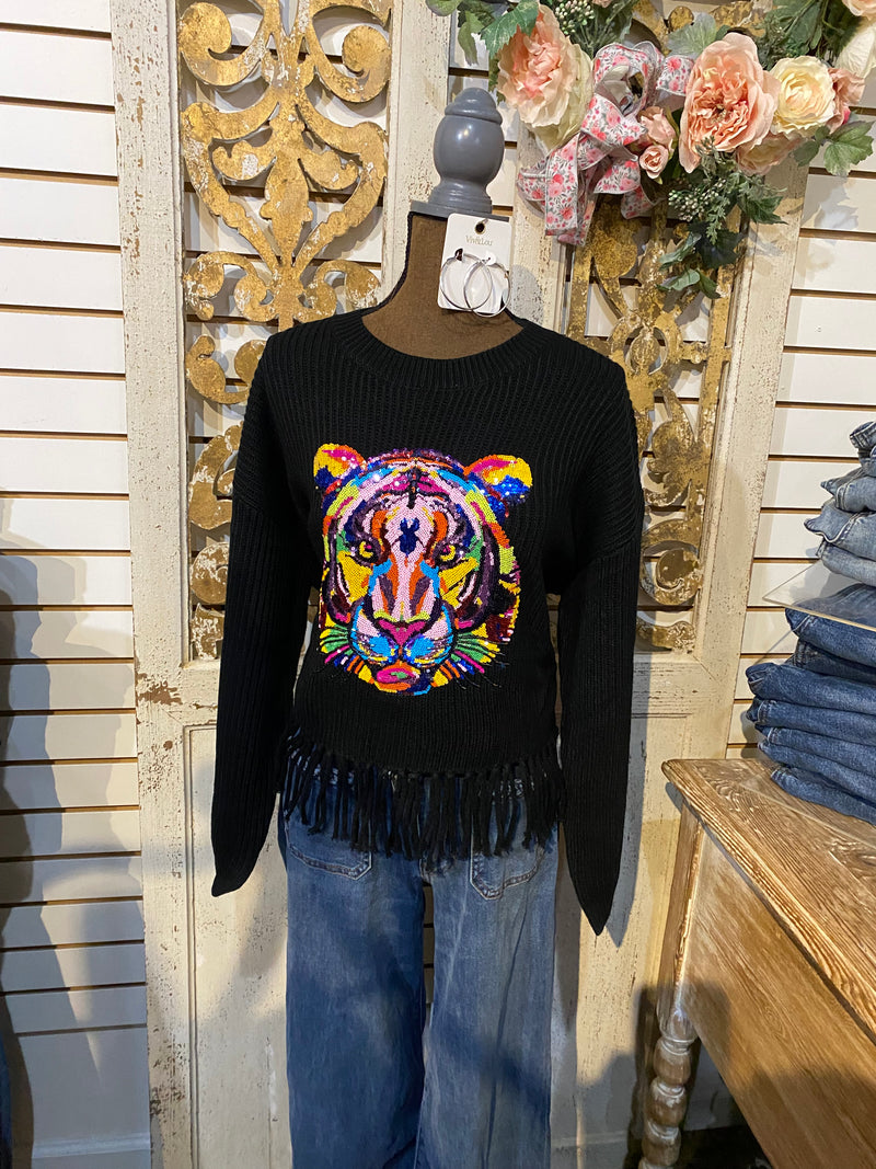 QOS Black Fringe Tiger Sweater