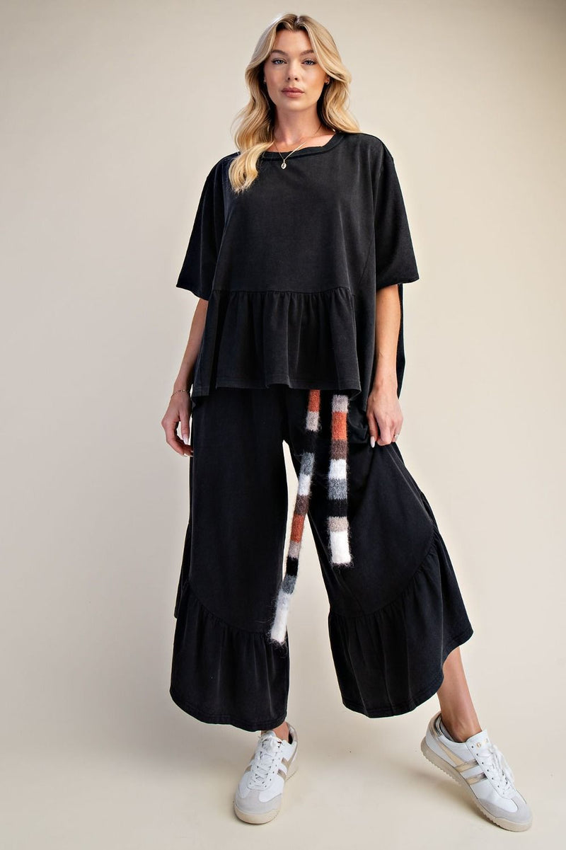 Black washed cropped ruffle set