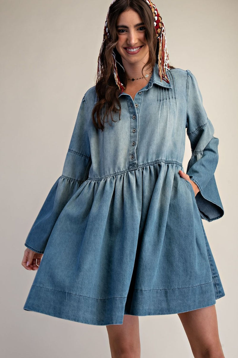 Denim shirt dress with bell sleeve
