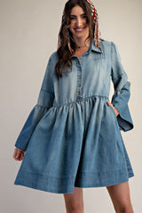 Denim shirt dress with bell sleeve