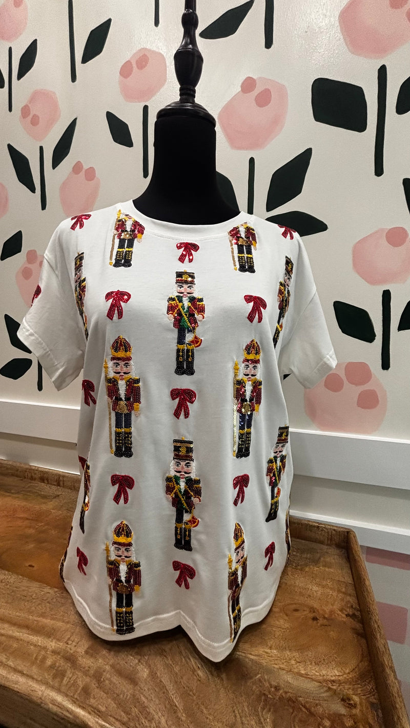 QOS White nutcracker and bow tee
