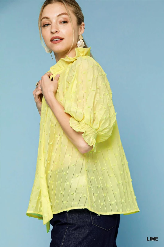 Swiss Dot ruffled collar top