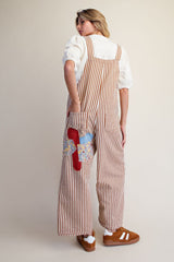 Striped twill overall with patch detail