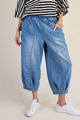 Washed denim Barrel pant elastic waist