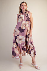 Floral midi dress with neck tie