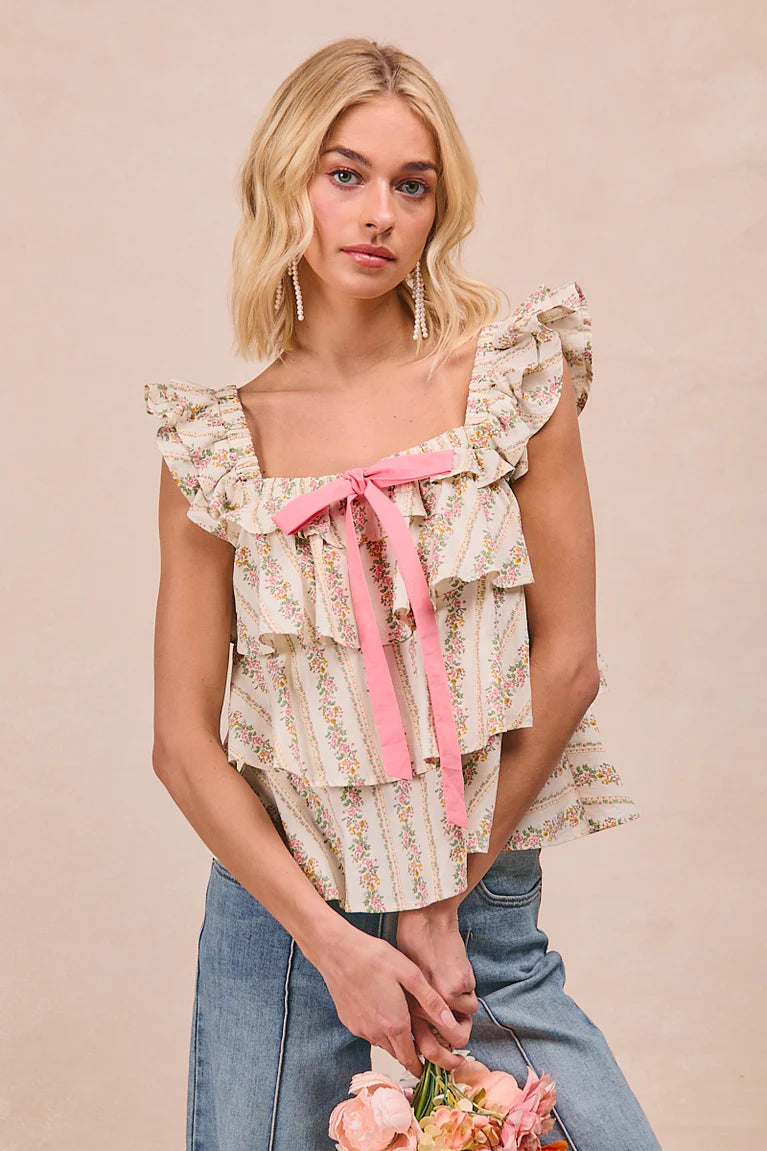 Floral print bow tied ruffle top