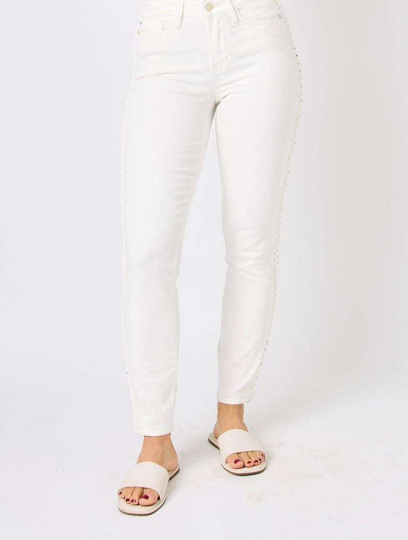 Judy Blue Braided Relaxed White Jean