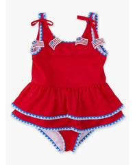 Girls Vintage Red Crochet Detail Peplum One Piece Swimsuit