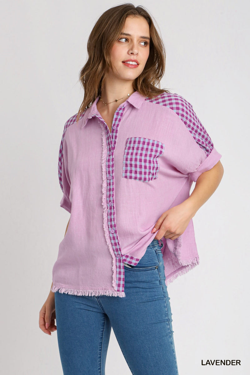 Lavender plaid pocket linen top