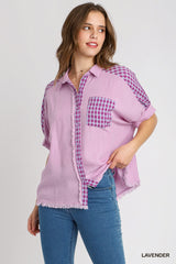 Lavender plaid pocket linen top