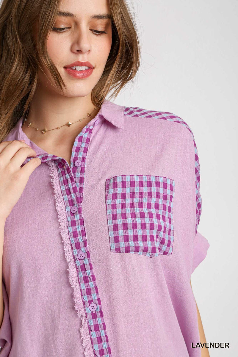 Lavender plaid pocket linen top