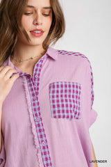 Lavender plaid pocket linen top