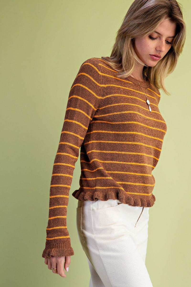 Mocha Ruffled strip sweater