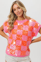 All Over Sequin Checker Sweater Top