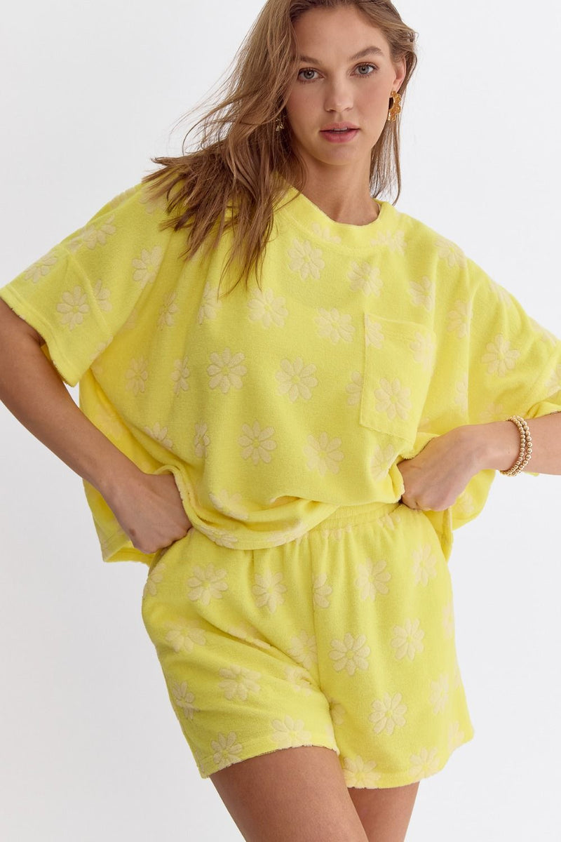 YELLOW TERRI CLOTH SHORT SET WITH FLOWERS