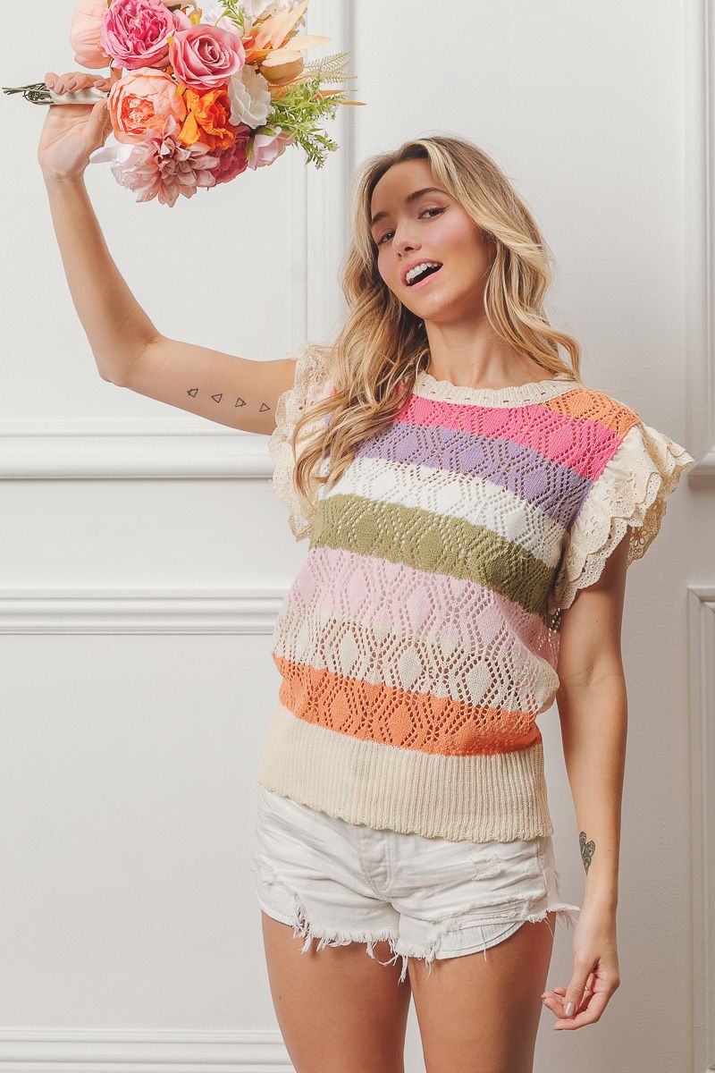 Pointelle Multi Color Striped Ruffled Sleeve top