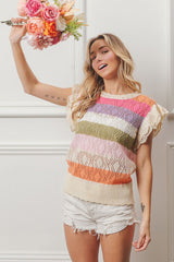 Pointelle Multi Color Striped Ruffled Sleeve top