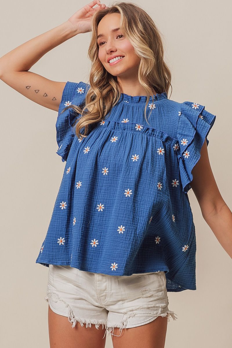 Flutter Sleeve crinkle top with floral EMB