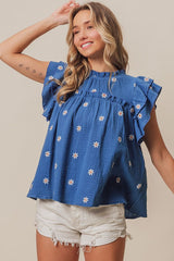 Flutter Sleeve crinkle top with floral EMB
