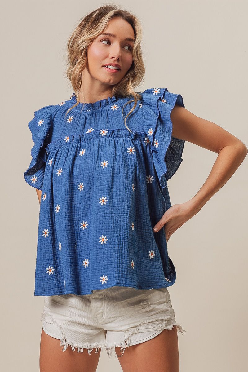 Flutter Sleeve crinkle top with floral EMB