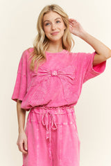 MineralWash Wide Pants with raw hem frayed details With matching Bow top