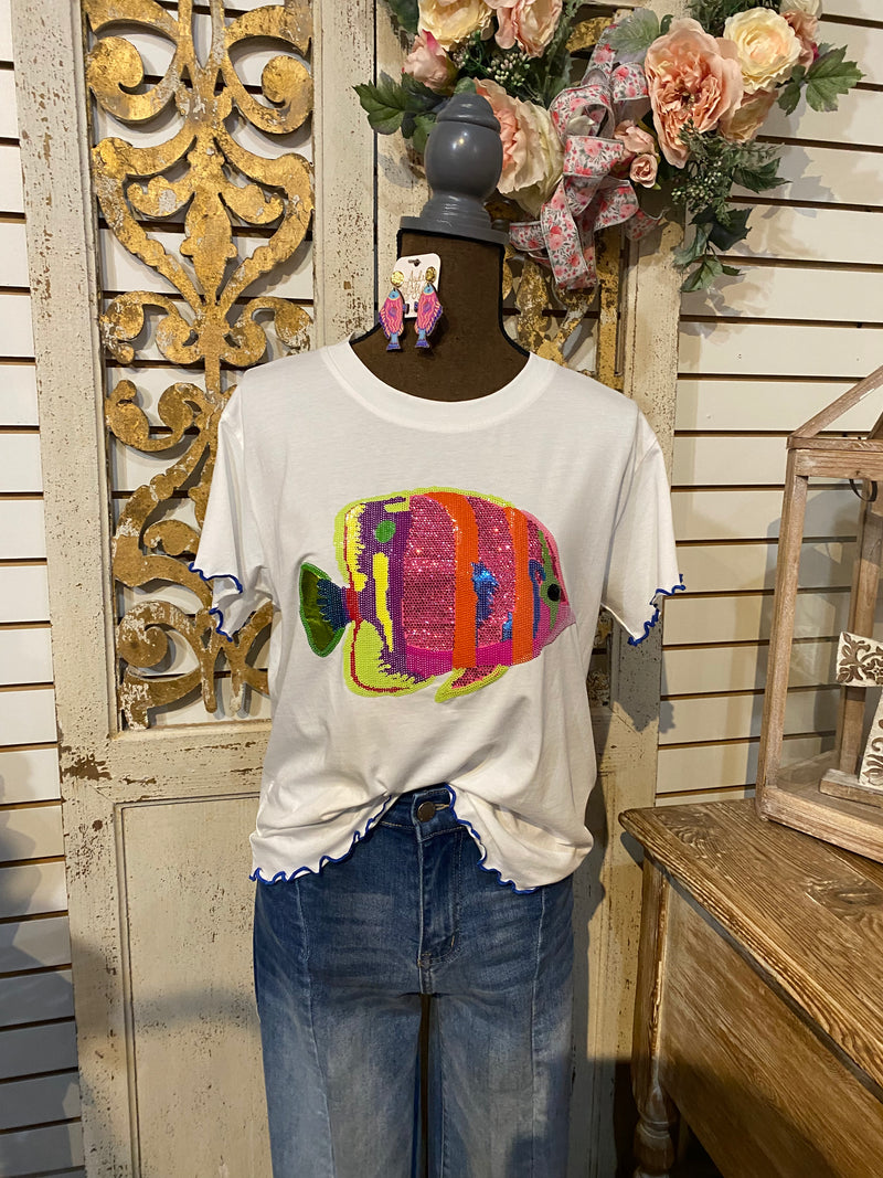 White ruffle fish tee