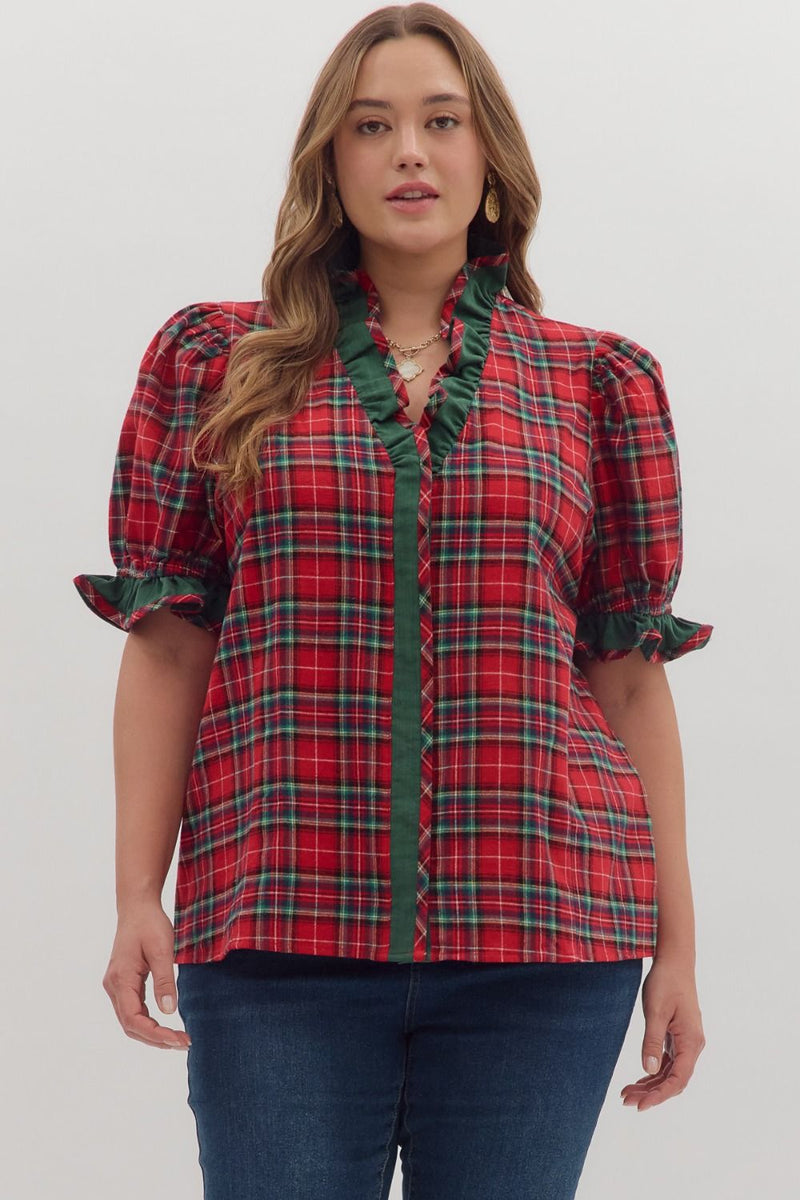Red plaid with ruffle sleeve