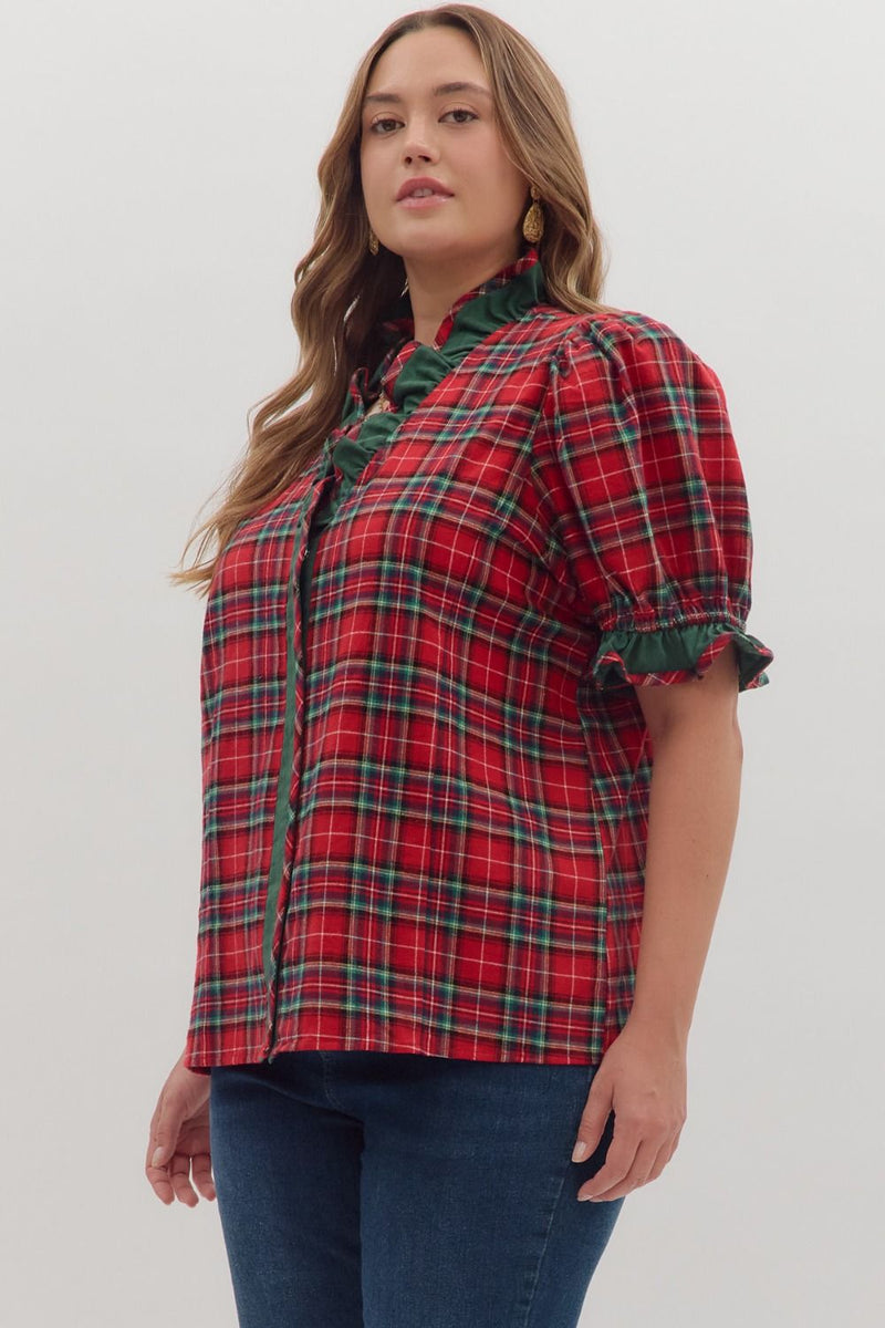 Red plaid with ruffle sleeve
