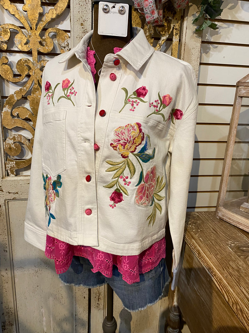 Crochet cropped denim jacket-white