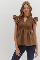 Coffee Ruffled sleeve top