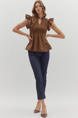 Coffee Ruffled sleeve top