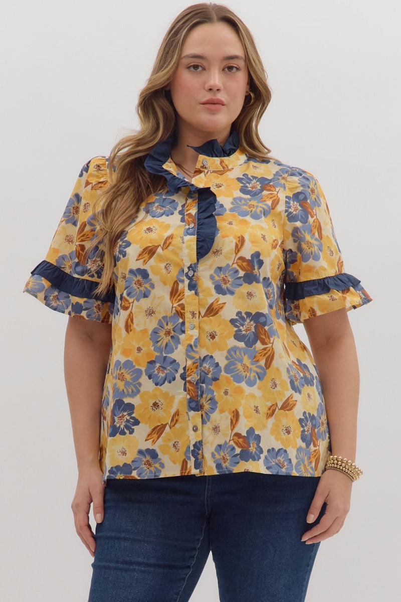 Blue and yellow ruffle top