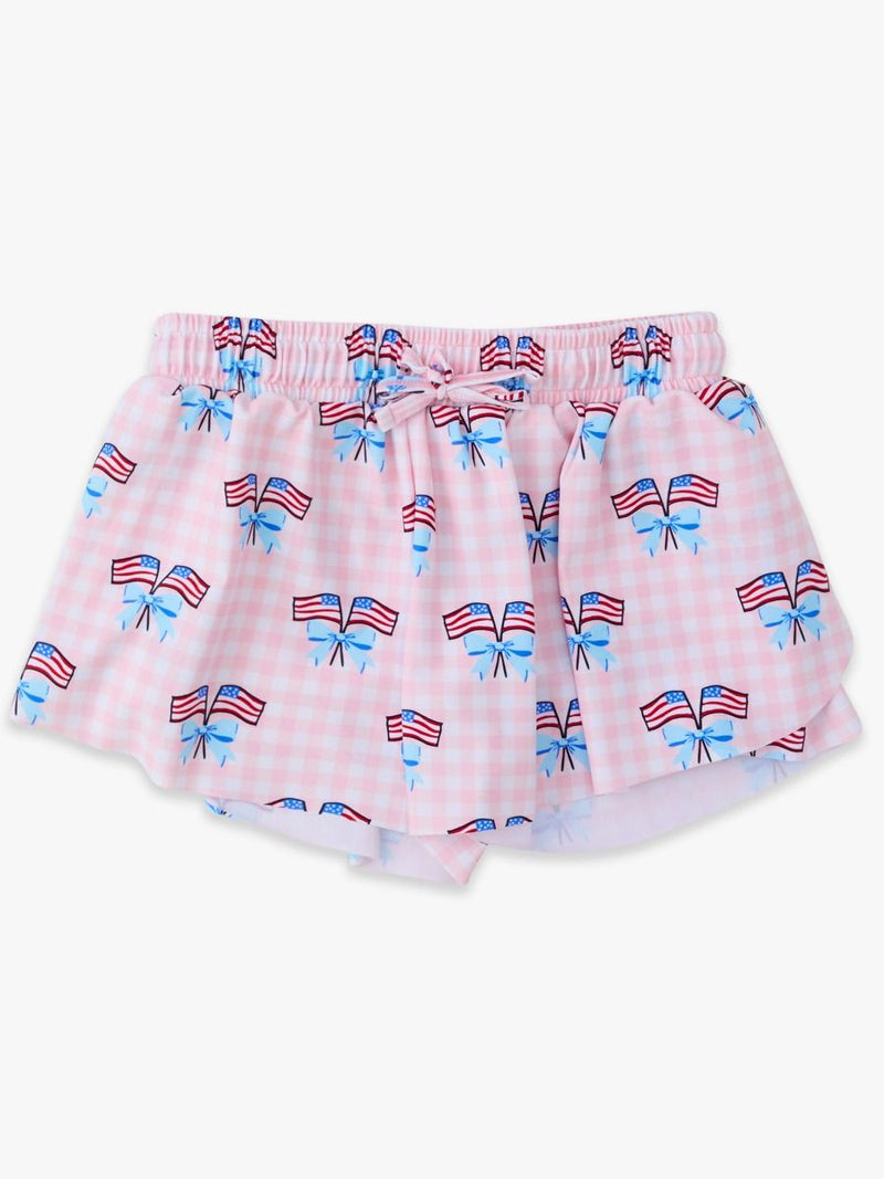Girls Pink Patriotic Gingham Active Butterfly Shorts with blue active tank