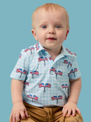 Boys Blue Patriotic Gingham Knit Short Sleeve Performance Polo