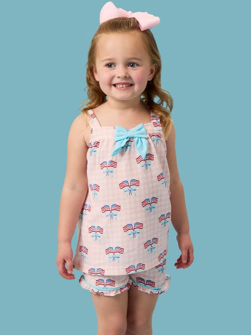 SoftSnooze™ Girls Pink Patriotic Gingham Bow Tank Ruffle Shorts Pajama Set