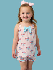 SoftSnooze™ Girls Pink Patriotic Gingham Bow Tank Ruffle Shorts Pajama Set