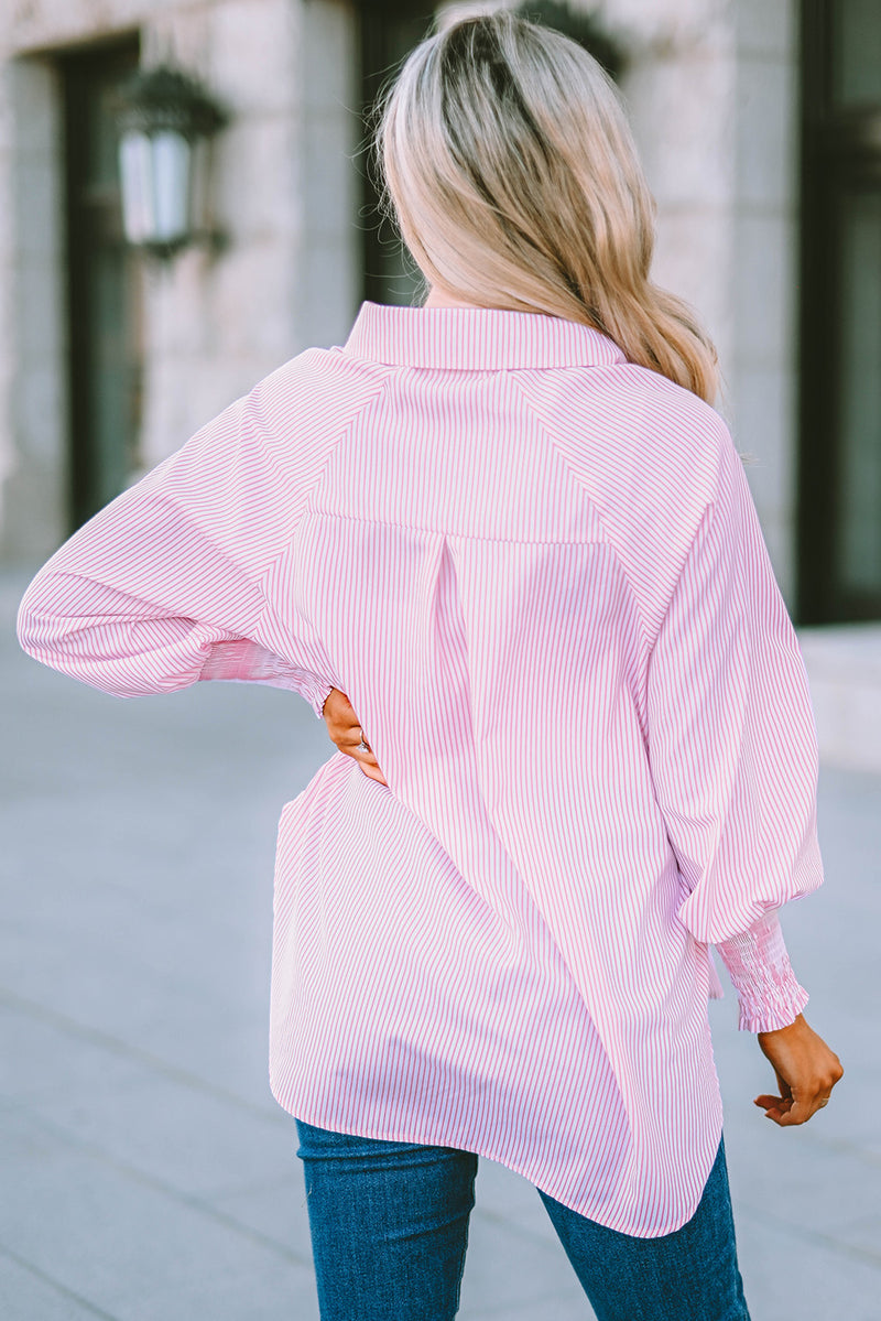 PINK SMOCKED SLEEVE BUTTON DOWN