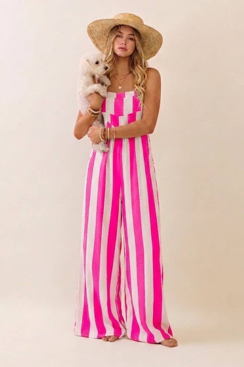 Vertical Stripe Wide Leg Jumpsuit: PINK