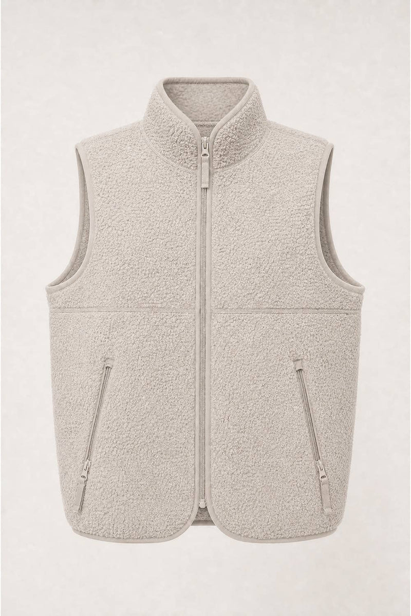 SOFT SHERPA FLEECE ZIPPER OPER FRONT MOCK NECK VEST-Ecru