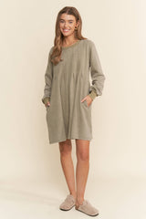 Pleated Round Neck Long Sleeve Sweater Dress