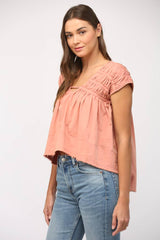 SHIRRED DETAIL SIDE TIE CAP SLV TOP-CORAL PINK