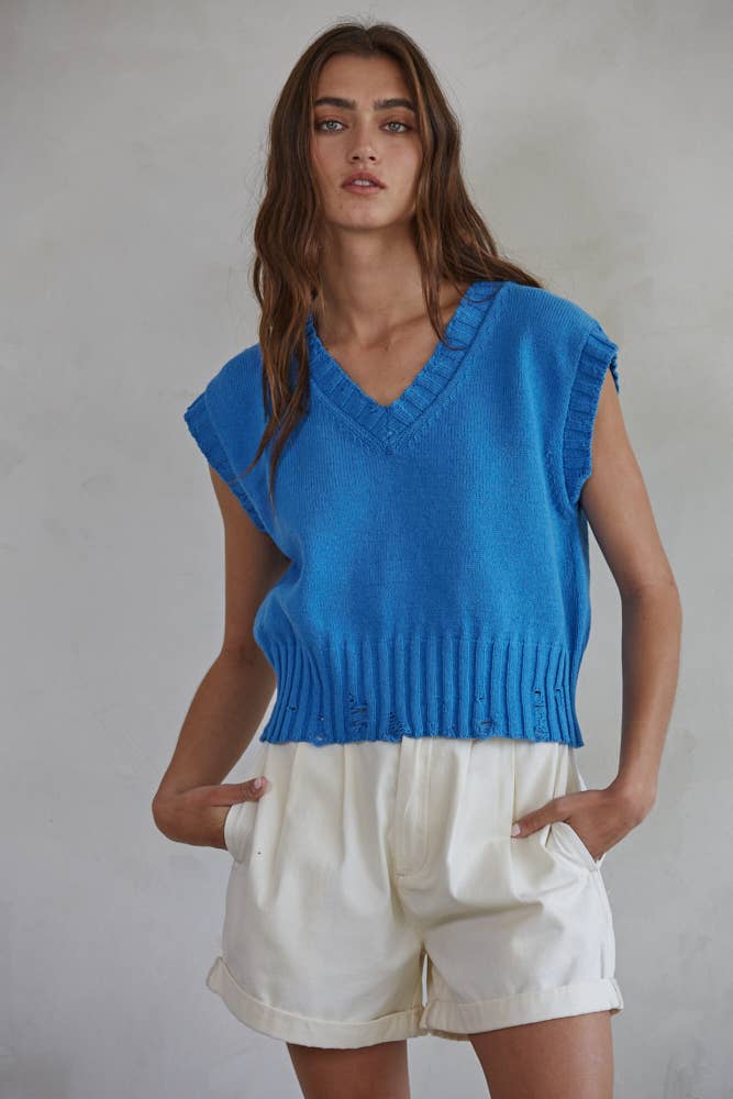 Knit Sweater Distressed V-Neck Sleeveless Vest