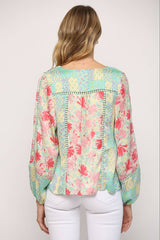 LACE INSERT MIXED PRINT SQUARE NECK TOP